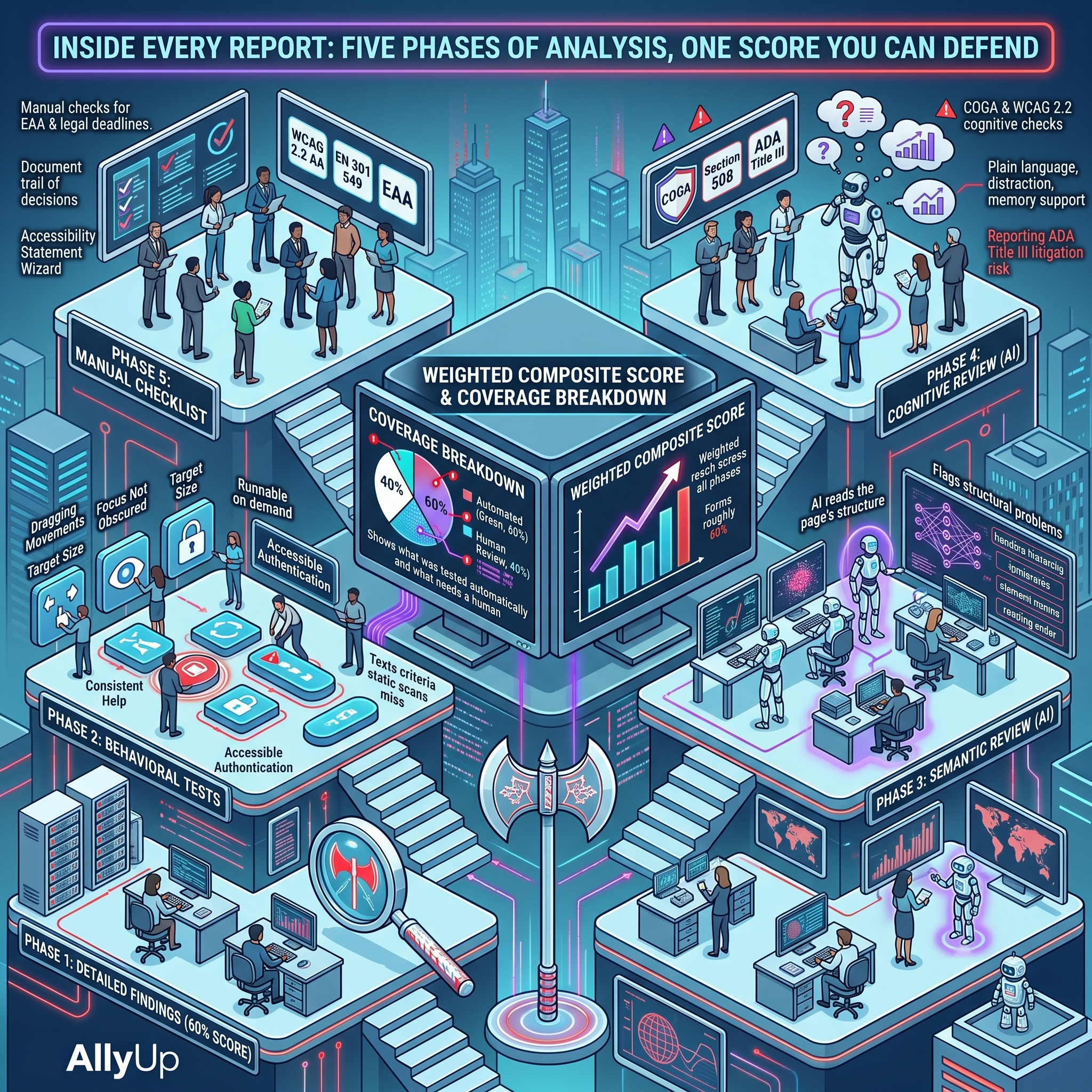 An isometric illustration titled Inside every report, five phases of analysis, showing the five phases (Detailed Findings, Behavioral Tests, Semantic Review, Cognitive Review and Manual Checklist) around a central weighted Composite Score and Coverage Breakdown.