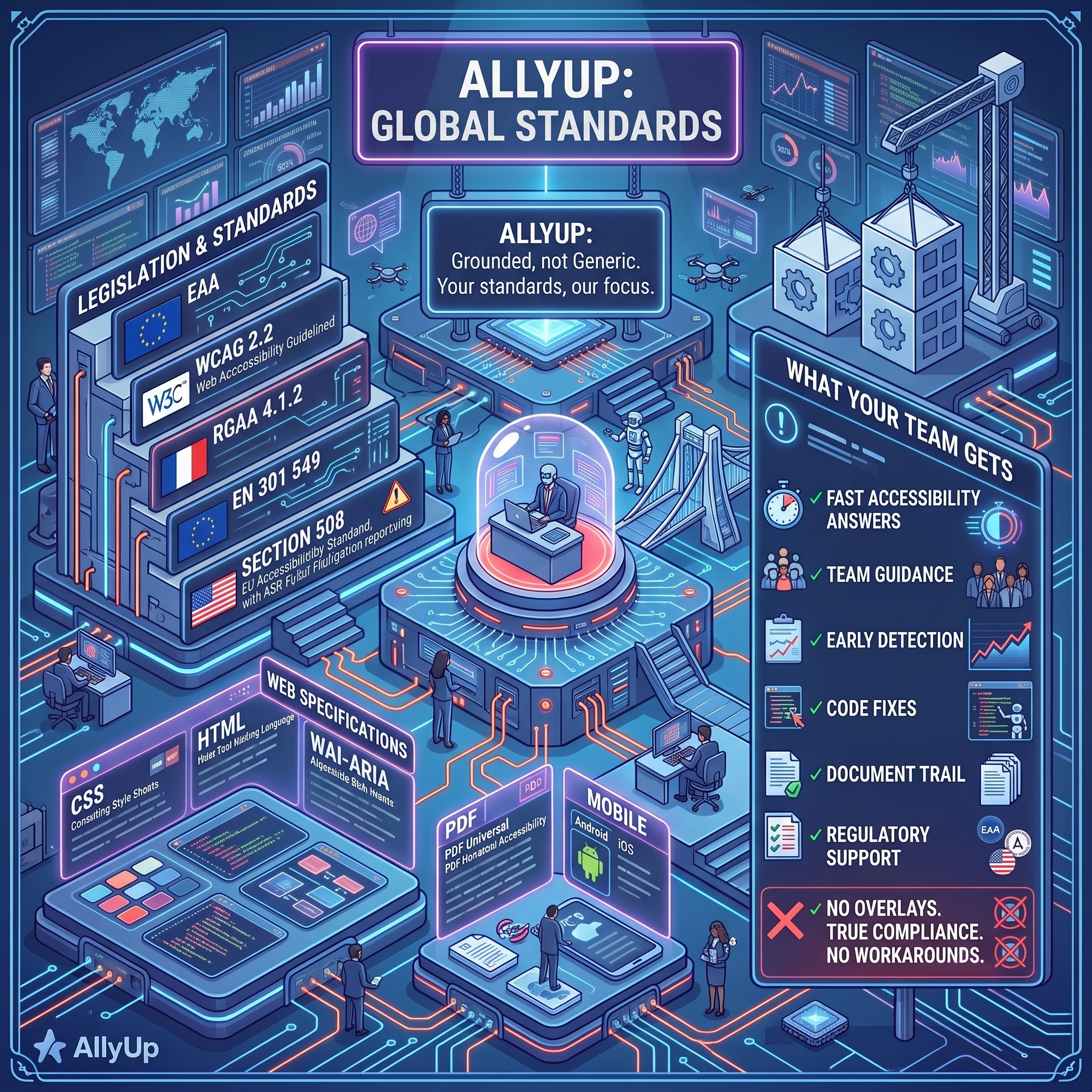 An isometric illustration titled AllyUp Global Standards, with panels for legislation and standards such as the EAA, WCAG 2.2, RGAA, EN 301 549 and Section 508, plus web specifications, PDF and mobile accessibility, next to a panel showing what your team gets.