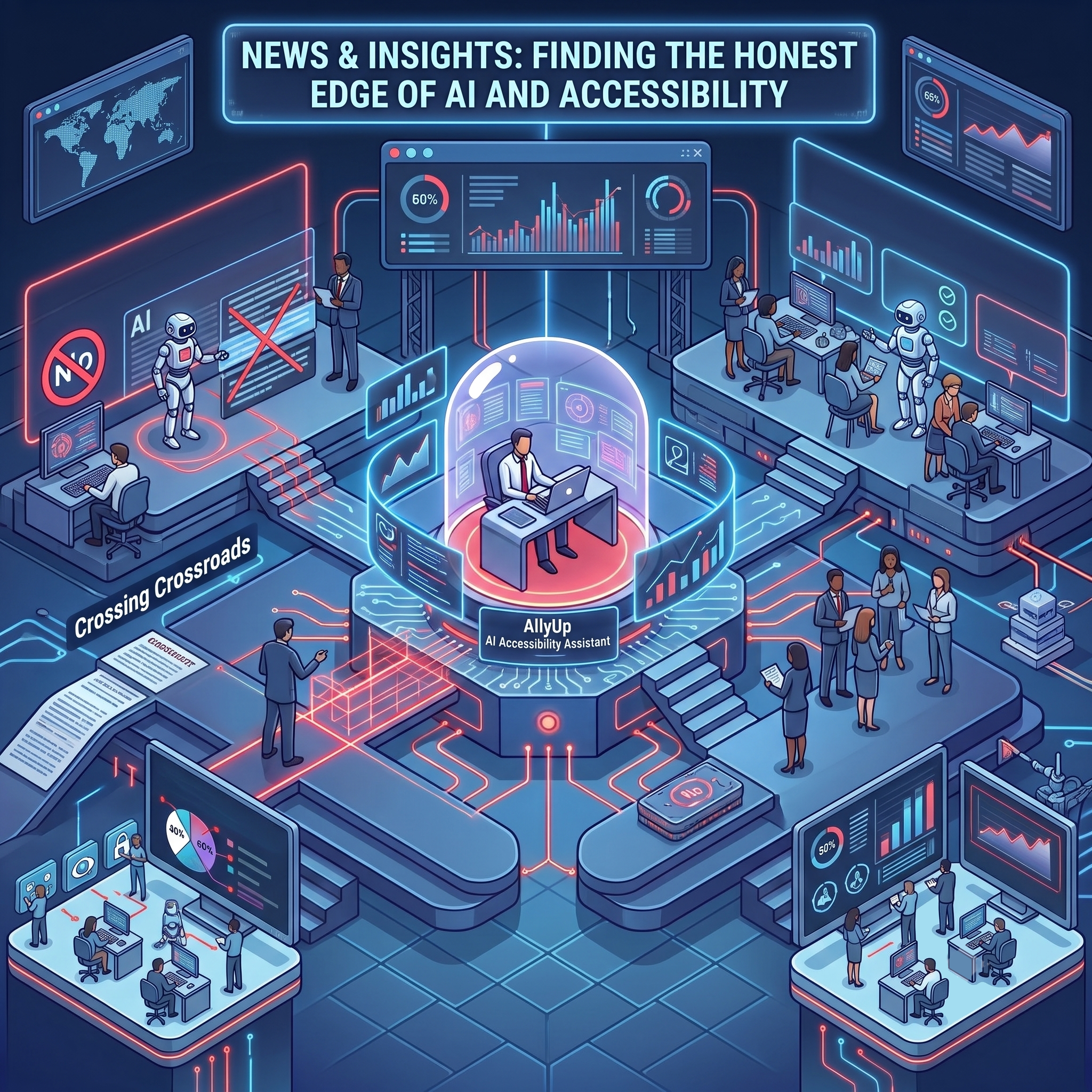 An isometric illustration for News & Insights, showing AllyUp, the AI Accessibility Assistant, at the centre under a glass dome, surrounded by dashboards, charts, legal documents, a crossed-out AI overlay, and teams of people and robots working at connected desks.
