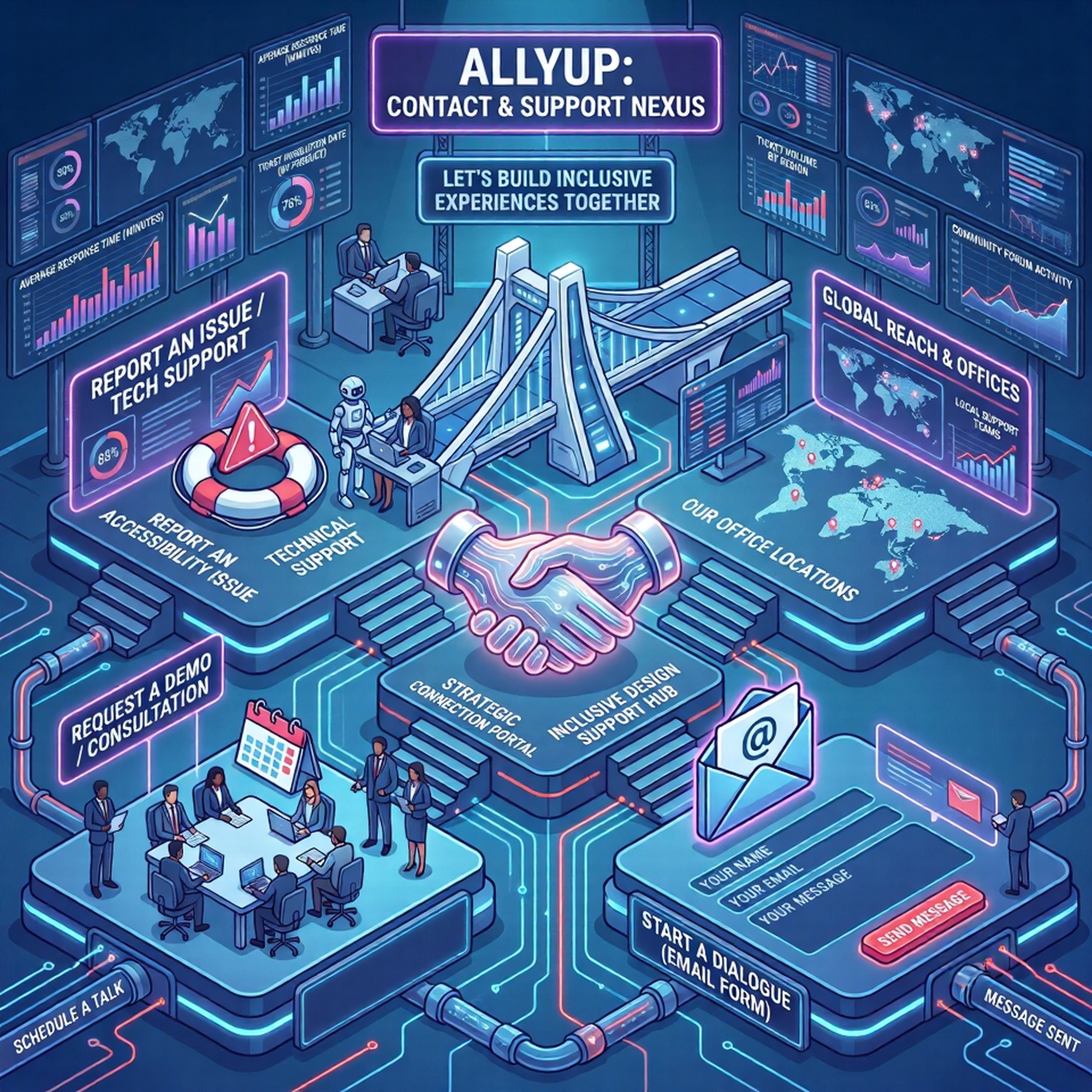 An isometric illustration built around a handshake, with nodes for technical support, reporting an issue, booking a demo, global offices, and a message form.