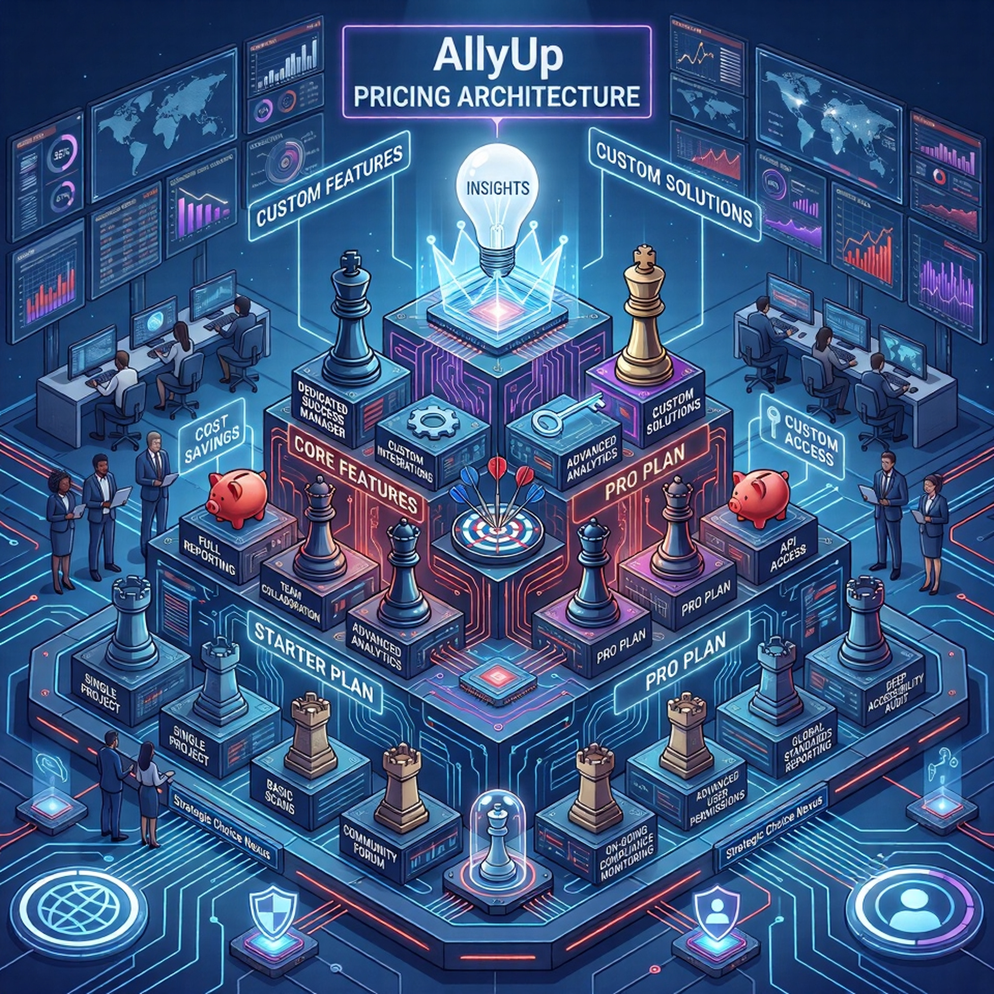 An isometric illustration of AllyUp pricing as tiered platforms with chess pieces, showing the Starter and Pro plans, core and custom features, and an insights lightbulb.